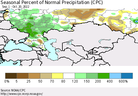 Russian Federation Seasonal Percent of Normal Precipitation (CPC) Thematic Map For 9/1/2022 - 10/20/2022