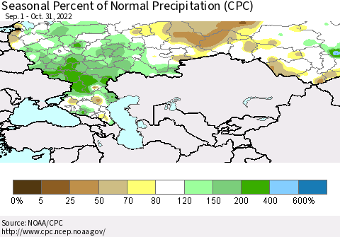 Russian Federation Seasonal Percent of Normal Precipitation (CPC) Thematic Map For 9/1/2022 - 10/31/2022