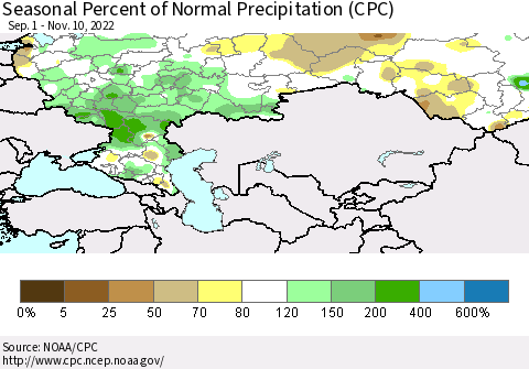 Russian Federation Seasonal Percent of Normal Precipitation (CPC) Thematic Map For 9/1/2022 - 11/10/2022
