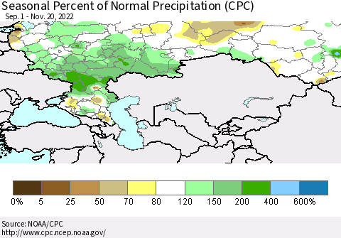 Russian Federation Seasonal Percent of Normal Precipitation (CPC) Thematic Map For 9/1/2022 - 11/20/2022