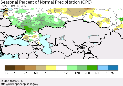 Russian Federation Seasonal Percent of Normal Precipitation (CPC) Thematic Map For 9/1/2022 - 12/10/2022
