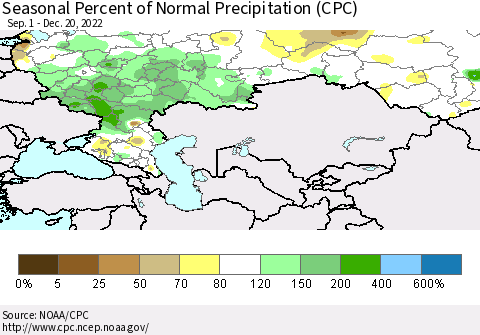 Russian Federation Seasonal Percent of Normal Precipitation (CPC) Thematic Map For 9/1/2022 - 12/20/2022