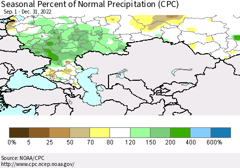 Russian Federation Seasonal Percent of Normal Precipitation (CPC) Thematic Map For 9/1/2022 - 12/31/2022
