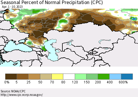 Russian Federation Seasonal Percent of Normal Precipitation (CPC) Thematic Map For 4/1/2023 - 4/10/2023