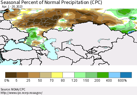 Russian Federation Seasonal Percent of Normal Precipitation (CPC) Thematic Map For 4/1/2023 - 4/20/2023