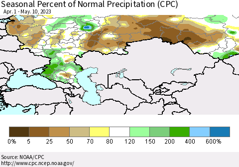 Russian Federation Seasonal Percent of Normal Precipitation (CPC) Thematic Map For 4/1/2023 - 5/10/2023