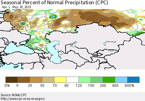 Russian Federation Seasonal Percent of Normal Precipitation (CPC) Thematic Map For 4/1/2023 - 5/20/2023