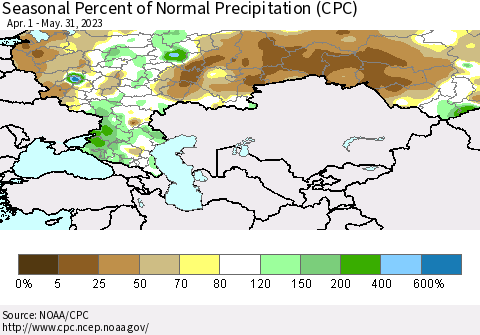 Russian Federation Seasonal Percent of Normal Precipitation (CPC) Thematic Map For 4/1/2023 - 5/31/2023