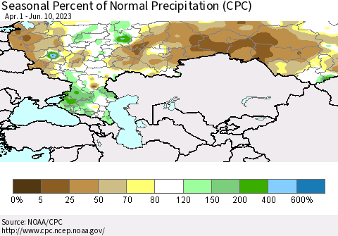 Russian Federation Seasonal Percent of Normal Precipitation (CPC) Thematic Map For 4/1/2023 - 6/10/2023
