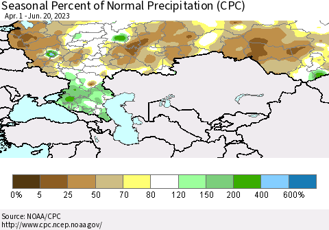 Russian Federation Seasonal Percent of Normal Precipitation (CPC) Thematic Map For 4/1/2023 - 6/20/2023