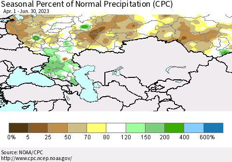 Russian Federation Seasonal Percent of Normal Precipitation (CPC) Thematic Map For 4/1/2023 - 6/30/2023