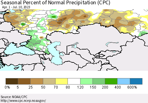 Russian Federation Seasonal Percent of Normal Precipitation (CPC) Thematic Map For 4/1/2023 - 7/10/2023