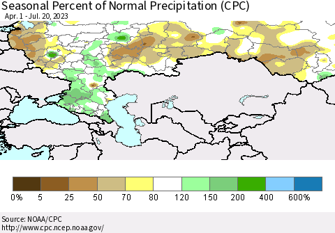 Russian Federation Seasonal Percent of Normal Precipitation (CPC) Thematic Map For 4/1/2023 - 7/20/2023