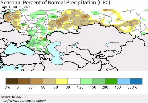 Russian Federation Seasonal Percent of Normal Precipitation (CPC) Thematic Map For 4/1/2023 - 7/31/2023