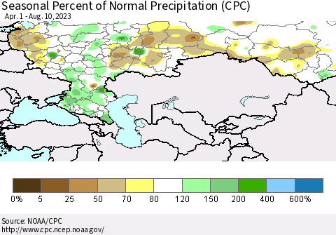 Russian Federation Seasonal Percent of Normal Precipitation (CPC) Thematic Map For 4/1/2023 - 8/10/2023
