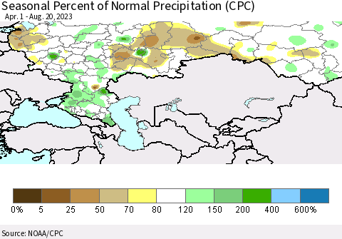Russian Federation Seasonal Percent of Normal Precipitation (CPC) Thematic Map For 4/1/2023 - 8/20/2023