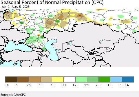 Russian Federation Seasonal Percent of Normal Precipitation (CPC) Thematic Map For 4/1/2023 - 8/31/2023