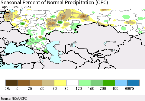 Russian Federation Seasonal Percent of Normal Precipitation (CPC) Thematic Map For 4/1/2023 - 9/10/2023