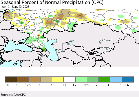 Russian Federation Seasonal Percent of Normal Precipitation (CPC) Thematic Map For 4/1/2023 - 9/20/2023