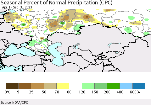 Russian Federation Seasonal Percent of Normal Precipitation (CPC) Thematic Map For 4/1/2023 - 9/30/2023