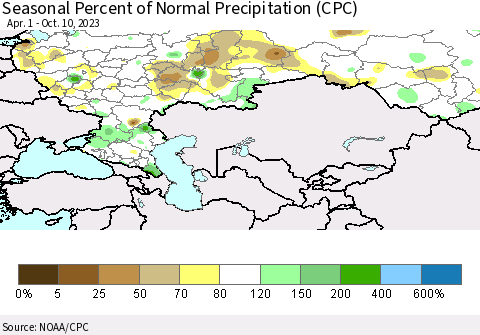 Russian Federation Seasonal Percent of Normal Precipitation (CPC) Thematic Map For 4/1/2023 - 10/10/2023