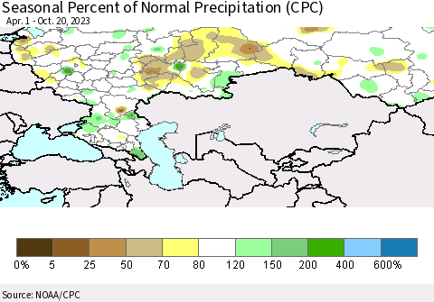 Russian Federation Seasonal Percent of Normal Precipitation (CPC) Thematic Map For 4/1/2023 - 10/20/2023