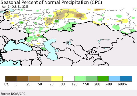 Russian Federation Seasonal Percent of Normal Precipitation (CPC) Thematic Map For 4/1/2023 - 10/31/2023