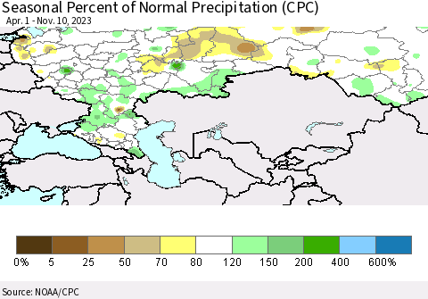 Russian Federation Seasonal Percent of Normal Precipitation (CPC) Thematic Map For 4/1/2023 - 11/10/2023