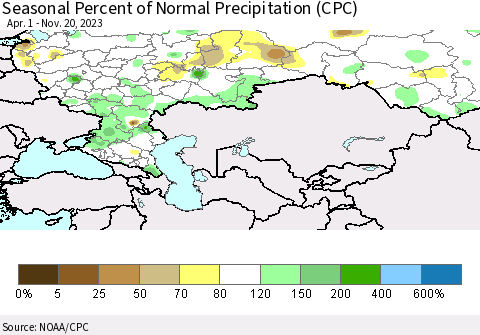 Russian Federation Seasonal Percent of Normal Precipitation (CPC) Thematic Map For 4/1/2023 - 11/20/2023