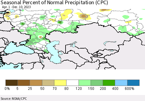 Russian Federation Seasonal Percent of Normal Precipitation (CPC) Thematic Map For 4/1/2023 - 12/10/2023