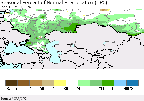 Russian Federation Seasonal Percent of Normal Precipitation (CPC) Thematic Map For 9/1/2023 - 1/10/2024