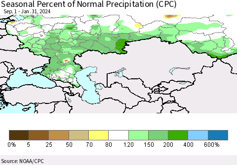 Russian Federation Seasonal Percent of Normal Precipitation (CPC) Thematic Map For 9/1/2023 - 1/31/2024