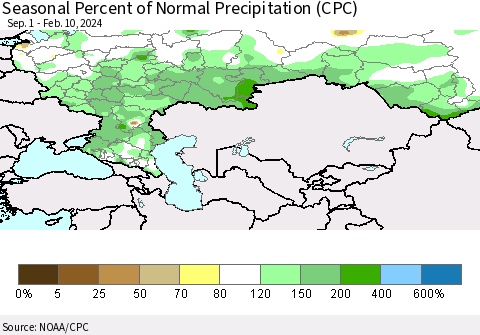 Russian Federation Seasonal Percent of Normal Precipitation (CPC) Thematic Map For 9/1/2023 - 2/10/2024