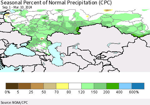 Russian Federation Seasonal Percent of Normal Precipitation (CPC) Thematic Map For 9/1/2023 - 3/10/2024