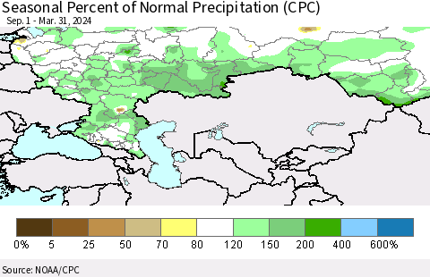 Russian Federation Seasonal Percent of Normal Precipitation (CPC) Thematic Map For 9/1/2023 - 3/31/2024