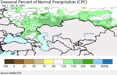 Russian Federation Seasonal Percent of Normal Precipitation (CPC) Thematic Map For 9/1/2023 - 4/10/2024