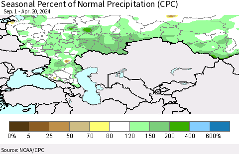 Russian Federation Seasonal Percent of Normal Precipitation (CPC) Thematic Map For 9/1/2023 - 4/20/2024