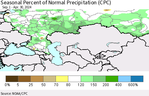 Russian Federation Seasonal Percent of Normal Precipitation (CPC) Thematic Map For 9/1/2023 - 4/30/2024