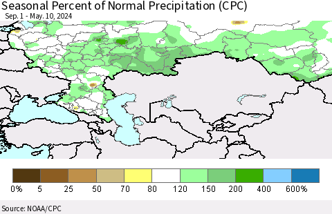 Russian Federation Seasonal Percent of Normal Precipitation (CPC) Thematic Map For 9/1/2023 - 5/10/2024