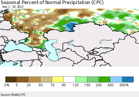 Russian Federation Seasonal Percent of Normal Precipitation (CPC) Thematic Map For 9/1/2023 - 9/10/2023