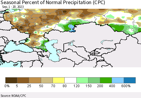 Russian Federation Seasonal Percent of Normal Precipitation (CPC) Thematic Map For 9/1/2023 - 9/20/2023