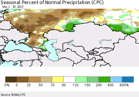 Russian Federation Seasonal Percent of Normal Precipitation (CPC) Thematic Map For 9/1/2023 - 9/30/2023
