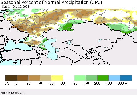 Russian Federation Seasonal Percent of Normal Precipitation (CPC) Thematic Map For 9/1/2023 - 10/10/2023