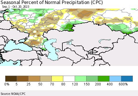 Russian Federation Seasonal Percent of Normal Precipitation (CPC) Thematic Map For 9/1/2023 - 10/20/2023