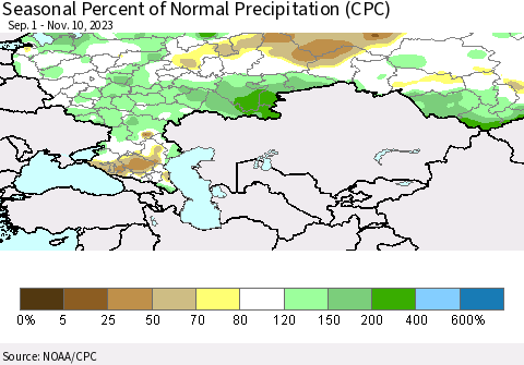 Russian Federation Seasonal Percent of Normal Precipitation (CPC) Thematic Map For 9/1/2023 - 11/10/2023