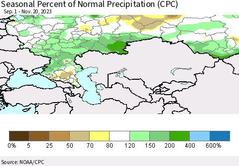 Russian Federation Seasonal Percent of Normal Precipitation (CPC) Thematic Map For 9/1/2023 - 11/20/2023