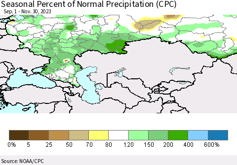 Russian Federation Seasonal Percent of Normal Precipitation (CPC) Thematic Map For 9/1/2023 - 11/30/2023