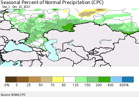 Russian Federation Seasonal Percent of Normal Precipitation (CPC) Thematic Map For 9/1/2023 - 12/10/2023