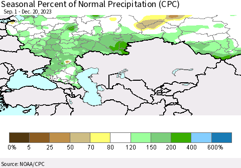 Russian Federation Seasonal Percent of Normal Precipitation (CPC) Thematic Map For 9/1/2023 - 12/20/2023