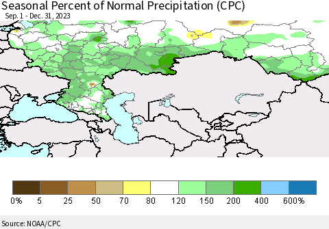Russian Federation Seasonal Percent of Normal Precipitation (CPC) Thematic Map For 9/1/2023 - 12/31/2023